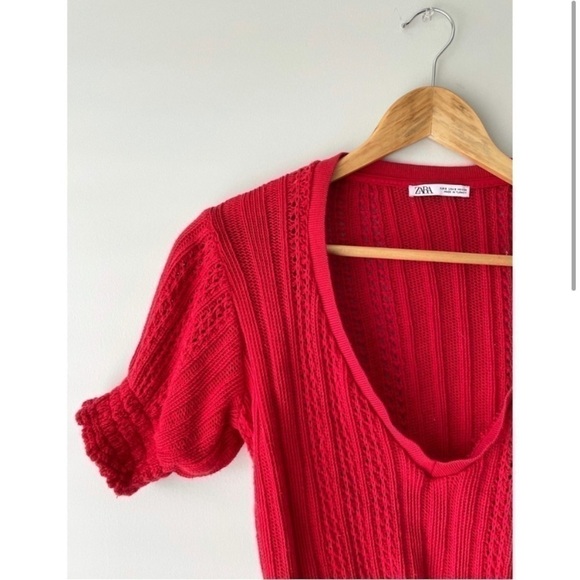 Zara Red Crotchet Crop Knit Top Small - Picture 2 of 5